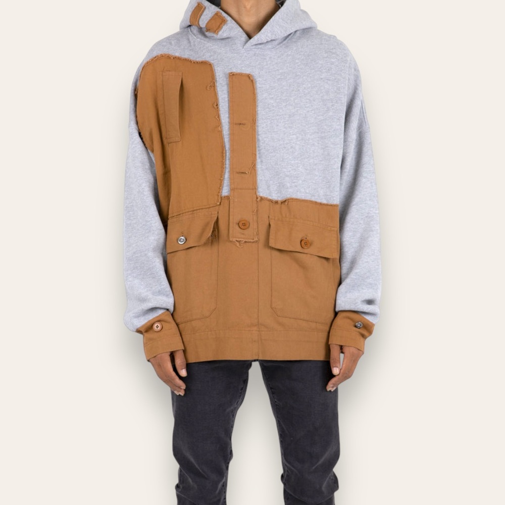 MNML Outerwear Oversized Gray & Brown Mash Up Hoodie | Size Medium - Picture 1 of 16